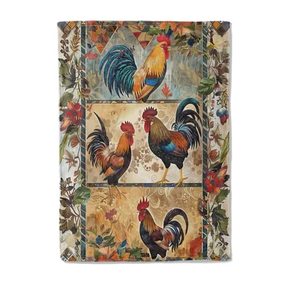 Rustic Rooster Pair Floral Blanket: Vintage Farmhouse Art