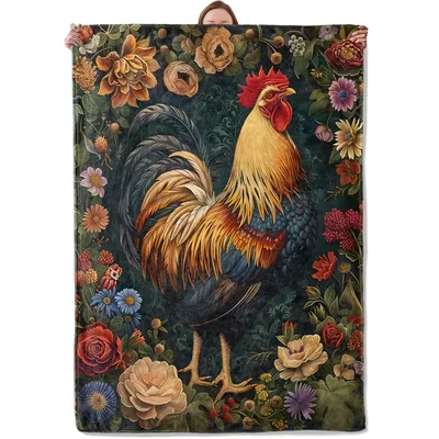 Rooster Floral Painting Blanket: Vintage Farmyard Art