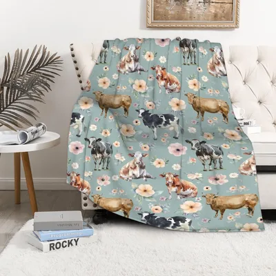 Farm Animals Floral Pattern Blanket No. 2: Cows and Flowers Design