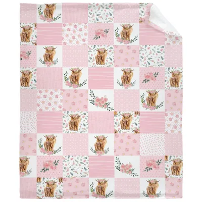 Pink Patchwork Highland Cows Blanket: Fluffy Floral Design