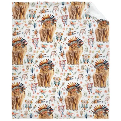 Highland Cow Boho Pattern Blanket: Shaggy Cattle with Headdresses