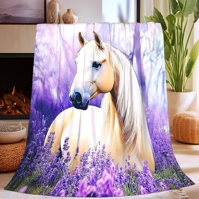 Majestic White Horse Blanket: Lavender Forest Equestrian Art