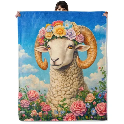 Ram with Flower Crown Blanket: A Majestic Sheep in a Rose Garden