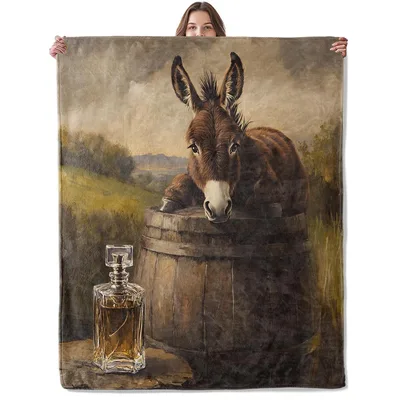 Donkey on Wooden Barrel Blanket: Rustic Art with Whiskey Decanter