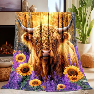 Highland Cow with Sunflowers Blanket: Fluffy Cattle in a Purple Field