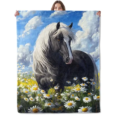 Black Horse in Daisy Blanket: A Majestic Stallion in a Flower Field