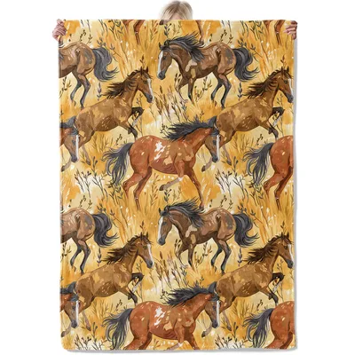 Running Horses in Golden Blanket: Wild Stallions in a Field