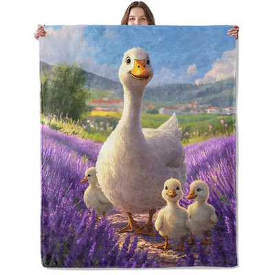 Duck Family in Lavender Blanket: A White Goose and Ducklings