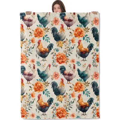 Roosters and Hens Floral Blanket: Farmhouse Chicken Art