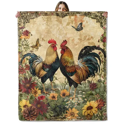 Two Roosters Vintage Floral Blanket: A Classic Farm Animal Design