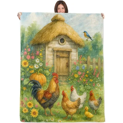 Rooster and Hens Cottage Blanket: Rustic Farmhouse Chicken Scene