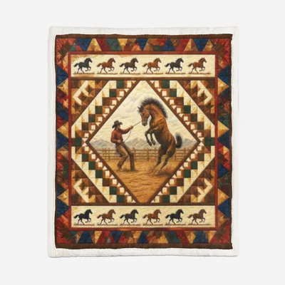 Horses in Geometric Frame Blanket featuring a cowboy
