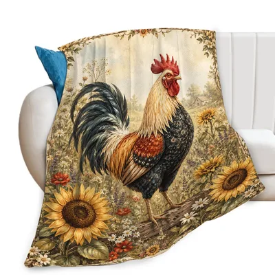 Rooster Among Sunflowers Blanket No. 2: Vintage Farm Art