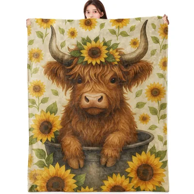 Highland Cow in Sunflower Bucket Blanket featuring a fluffy cow