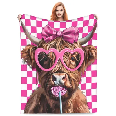 Highland Cow with Pink Blanket: Shaggy Cow in Heart Glasses