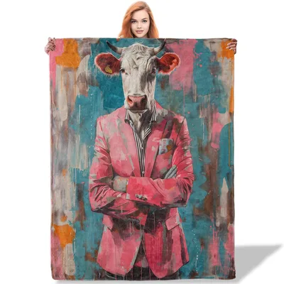 Cow in Pink Suit Blanket: Artistic Bovine Portrait