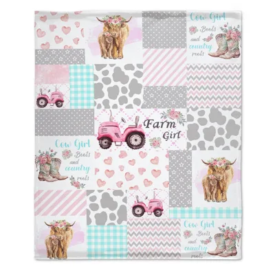 Farm Girl Patchwork Pattern Blanket with Pink Tractors and Floral Cows