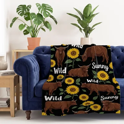 Sunflower Highland Cattle Wild Blanket: Fluffy Farm Animal Design