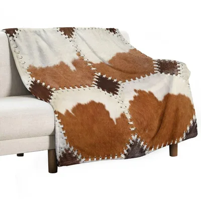 Abstract Cowhide Print Blanket: Rustic patchwork design