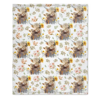 Highland Cow Floral Pattern Blanket No. 2: Shaggy Cows and Sunflowers