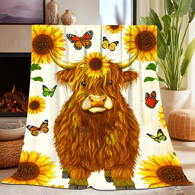 Highland Cow with Sunflowers Blanket: Fluffy Cattle and Floral Art