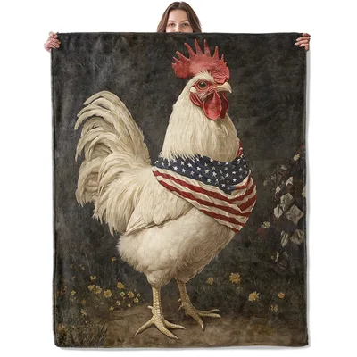 Patriotic Rooster in Flag Blanket featuring a white chicken draped