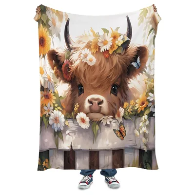 Highland Cow with Flowers Blanket: Fluffy Calf Peeking Over Fence