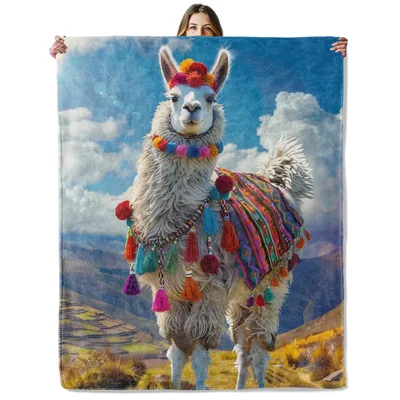 Colorful Llama on Hill Blanket: Festive Andean Animal Design