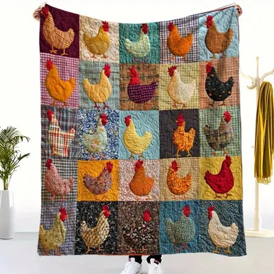 Rooster Chicken Patchwork Pattern Blanket: Cozy Farmhouse Quilt Design
