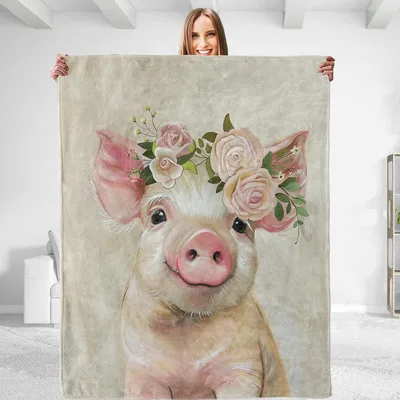 Pig with Flower Crown Blanket: Floral Pig Art for Cozy Days