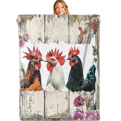 Farmhouse Rooster Trio Blanket: Rustic Chicken Art with Flowers