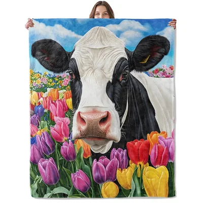 Holstein Cow with Tulips Blanket: A realistic black
