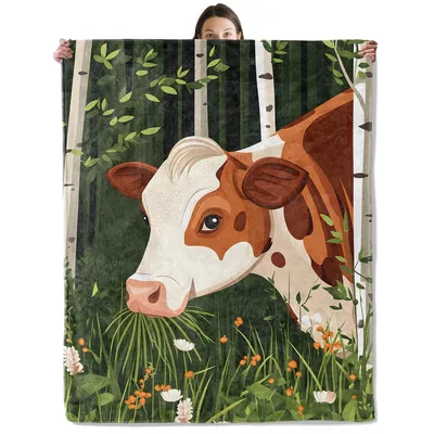 Cow in Woodland Meadow Blanket: Gentle Cow Peeking Through Birch Trees