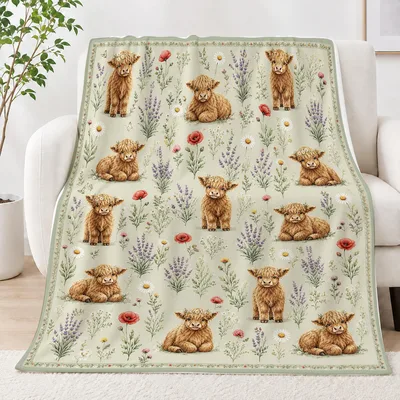 Highland Cows with Wildflowers Blanket No. 2