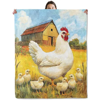 Hen with Chicks Blanket: White Chicken and Barn Scene Throw