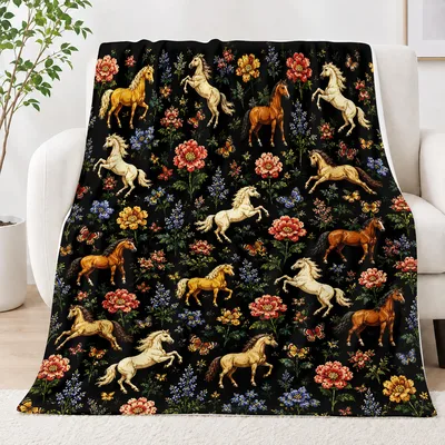 Horses and Flowers Pattern Blanket: Vintage Equestrian Floral Design