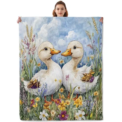 White Ducks in Flower Blanket: Two White Ducks in a Meadow Print