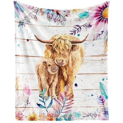 Highland Cow with Flowers Blanket featuring a fluffy calf