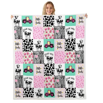 Farm Cows and Tractors Blanket: Patchwork Design with Pink Tractor