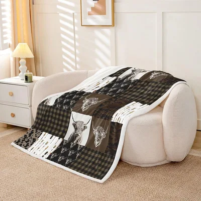 Brown Highland Cattle Pattern Blanket: Rustic Patchwork Design