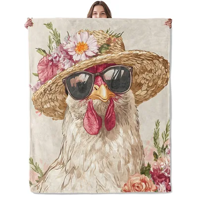 Funny Chicken in Straw Blanket: Cool Fowl with Sunglasses and Flowers