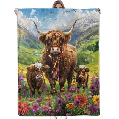 Highland Cow Family Blanket: Shaggy Herd in a Wildflower Meadow