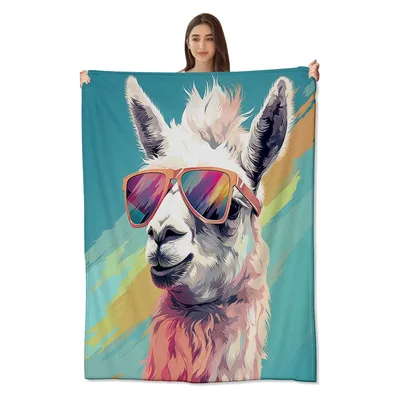 Cool Llama with Rainbow Blanket: Stylish Sunglasses Art for Cozy Days