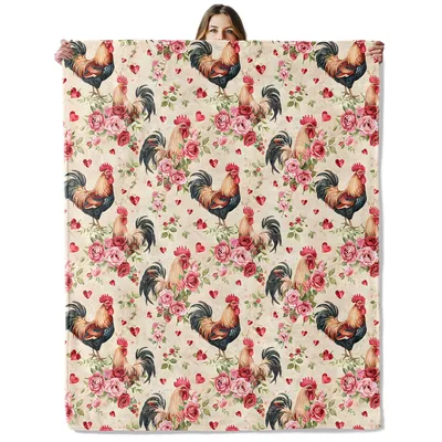 Rooster and Roses Pattern Blanket: Vintage Farmhouse Design