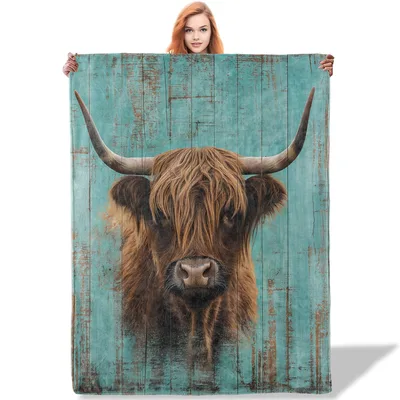 Highland Cow on Teal Wood Blanket: Rustic Farmhouse Animal Art
