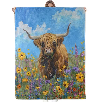 Highland Cow in Wildflowers Blanket No. 2: Shaggy Cow in a Meadow