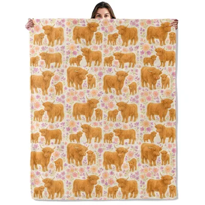 Highland Cows Floral Pattern Blanket No. 2 for Farm Lovers