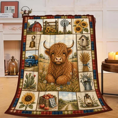 Farmhouse Highland Cow Collage Blanket: Rustic Farm Life Art