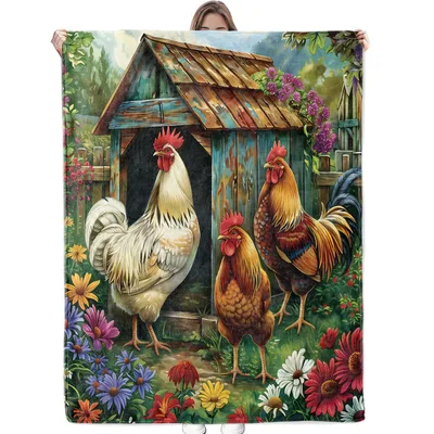 Roosters and Hens in Barn Blanket: Rustic Farmhouse Chicken Art