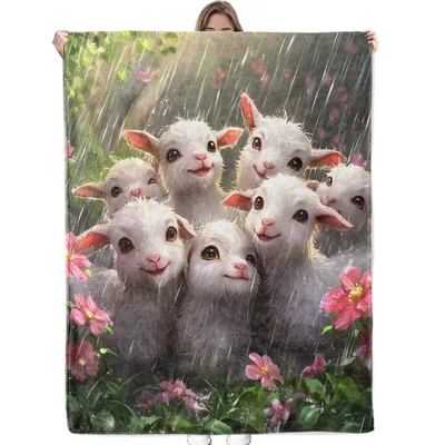 Goats and Flowers Blanket: Fluffy Lamb Illustration in the Rain